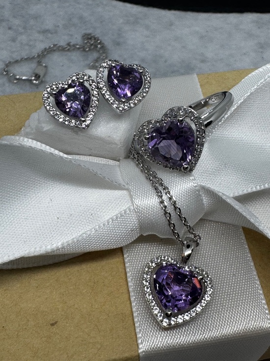 None Jewelry - Natural Amethyst Set of Necklace Earrings and Ring